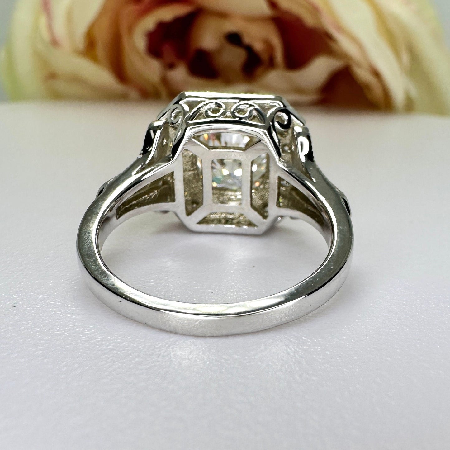 Cushion Cut Moissanite Engagement Ring For Women 14K White Gold, Vintage Unique Moissanite Engagement Rings, Edwardian Moissanite Ring #6381
