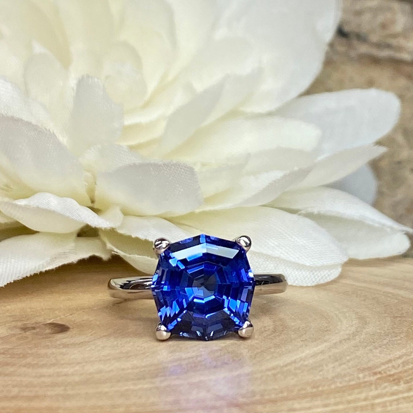 Octagon Blue Sapphire Engagement Ring 14K Whit Gold Ladies Blue Sapphire Engagement Ring Unique Blue Sapphire Wedding Anniversary Ring  7292