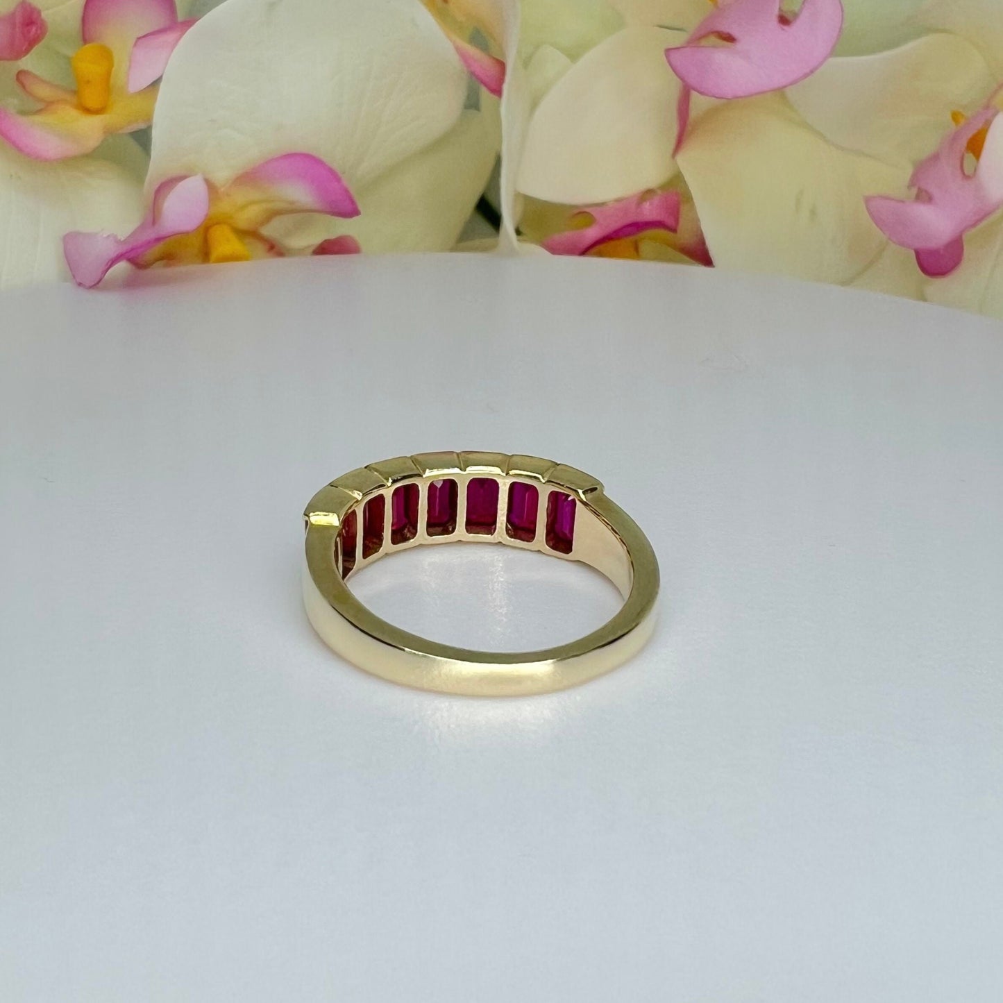 Ruby wedding band 14k white or yellow gold, seven stone wedding band, July birthstone ring, unique emerald cut red ruby stacking band  #6270