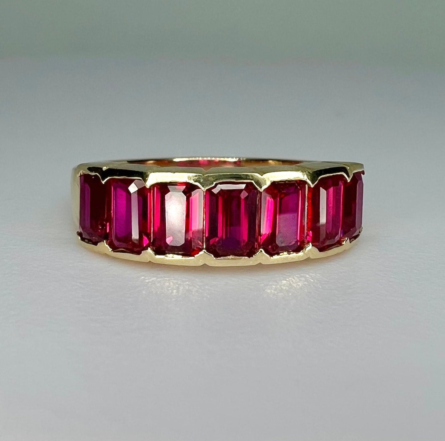 Ruby wedding band 14k white or yellow gold, seven stone wedding band, July birthstone ring, unique emerald cut red ruby stacking band  #6270