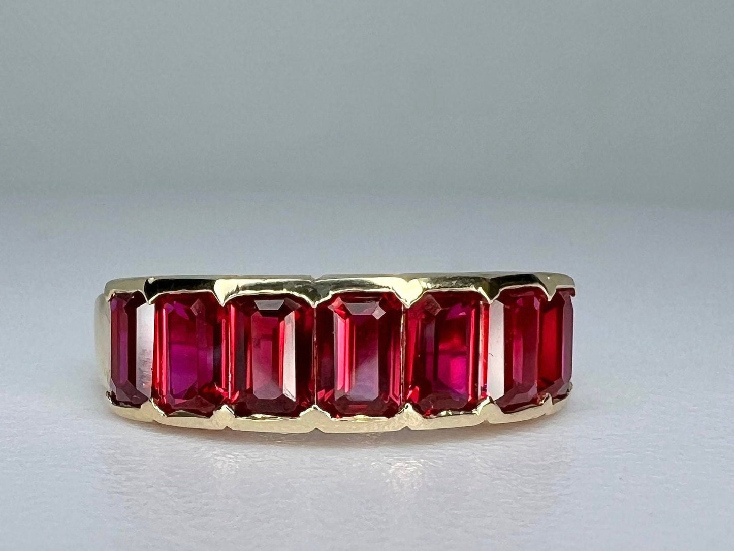 Ruby wedding band 14k white or yellow gold, seven stone wedding band, July birthstone ring, unique emerald cut red ruby stacking band  #6270