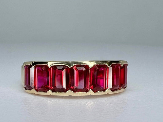 Ruby wedding band 14k white or yellow gold, seven stone wedding band, July birthstone ring, unique emerald cut red ruby stacking band  #6270