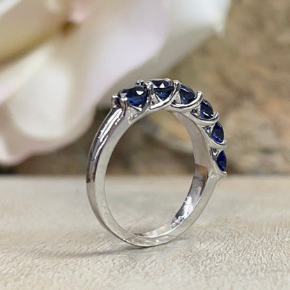 Blue Sapphire Wedding Band Round 6 Stone Gold Band 14K Solid White Gold Ladies Sapphire Wedding Promise Ring September Birthstone Ring