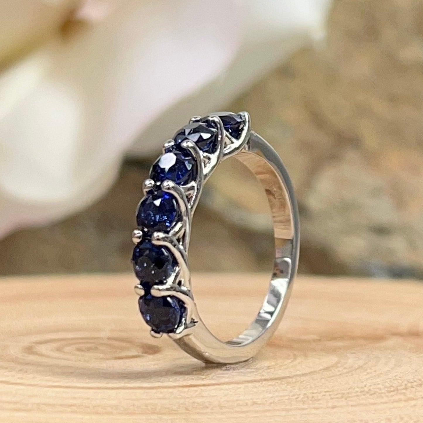 Blue Sapphire Wedding Band Round 6 Stone Gold Band 14K Solid White Gold Ladies Sapphire Wedding Promise Ring September Birthstone Ring