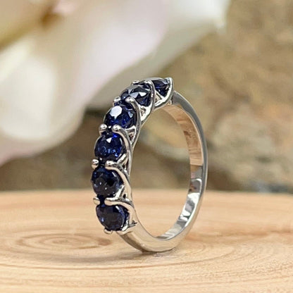 Blue Sapphire Wedding Band Round 6 Stone Gold Band 14K Solid White Gold Ladies Sapphire Wedding Promise Ring September Birthstone Ring