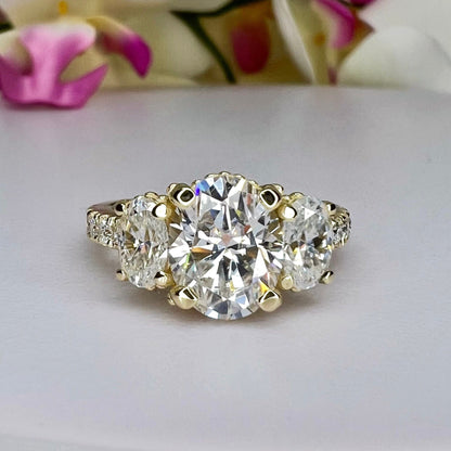 Oval Moissanite Engagement Rings 14K Solid White Gold, Three Stone Oval Engagement Ring For Women, Unique Vintage Oval Bridal Rings,  #7222
