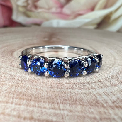 Blue Sapphire Wedding Band Round 6 Stone Gold Band 14K Solid White Gold Ladies Sapphire Wedding Promise Ring September Birthstone Ring