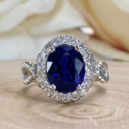 Oval Engagement Ring / Blue Sapphire Ring / Diamond Halo Ring / Sapphire and Moissanite Ring / 14k White Gold / #6334