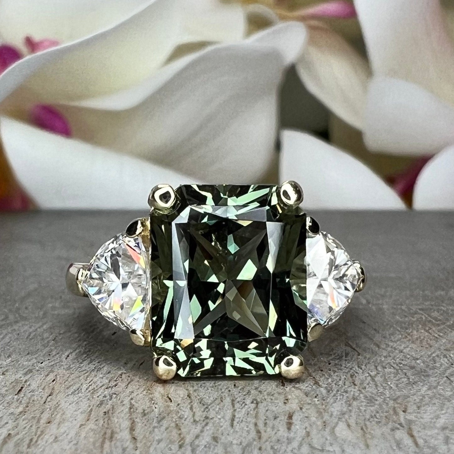 Radiant cut olive green sapphire engagement ring 14K solid gold, Three stone wedding ring, Art Deco sapphire ring, Unique Olive green, #7812