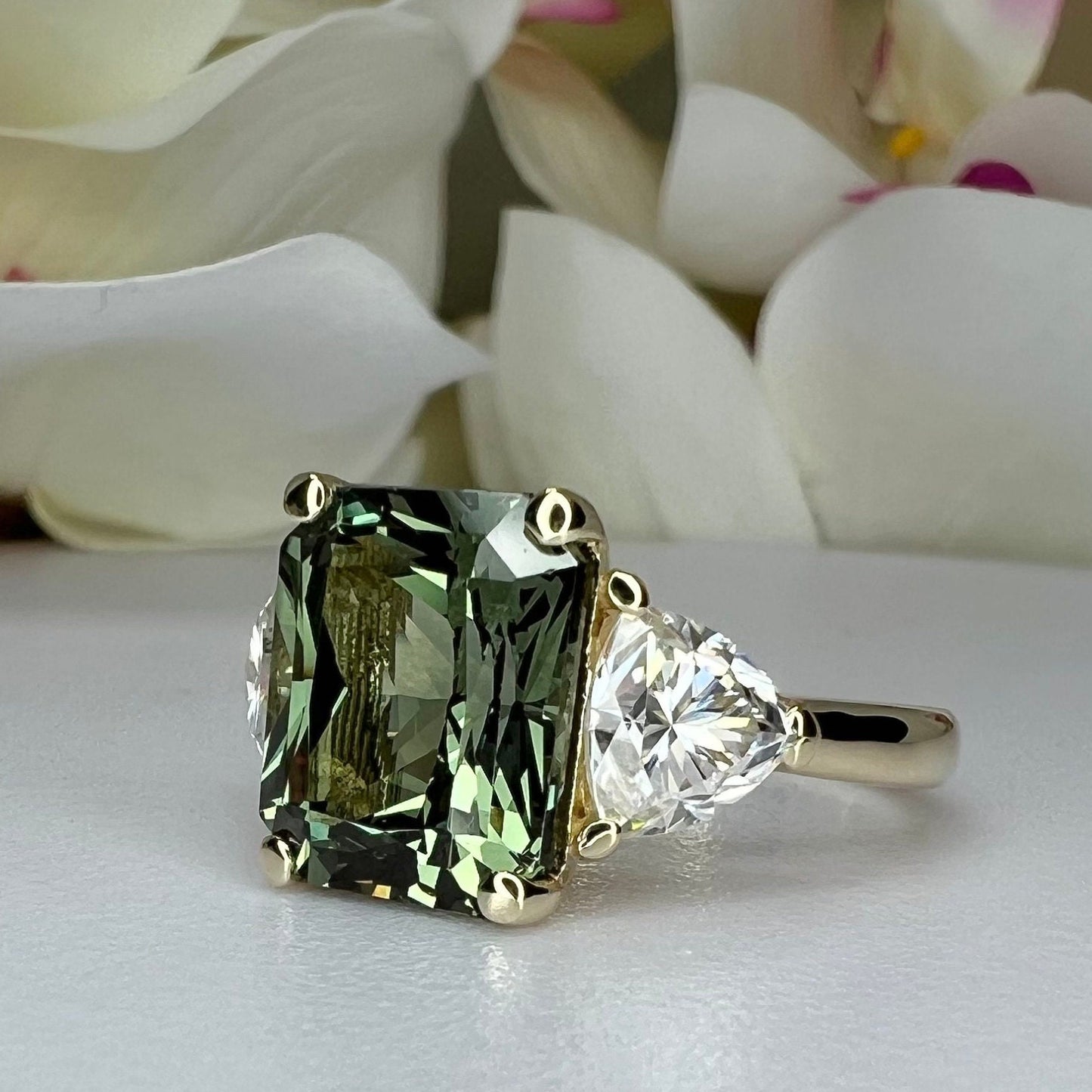 Radiant cut olive green sapphire engagement ring 14K solid gold, Three stone wedding ring, Art Deco sapphire ring, Unique Olive green, #7812