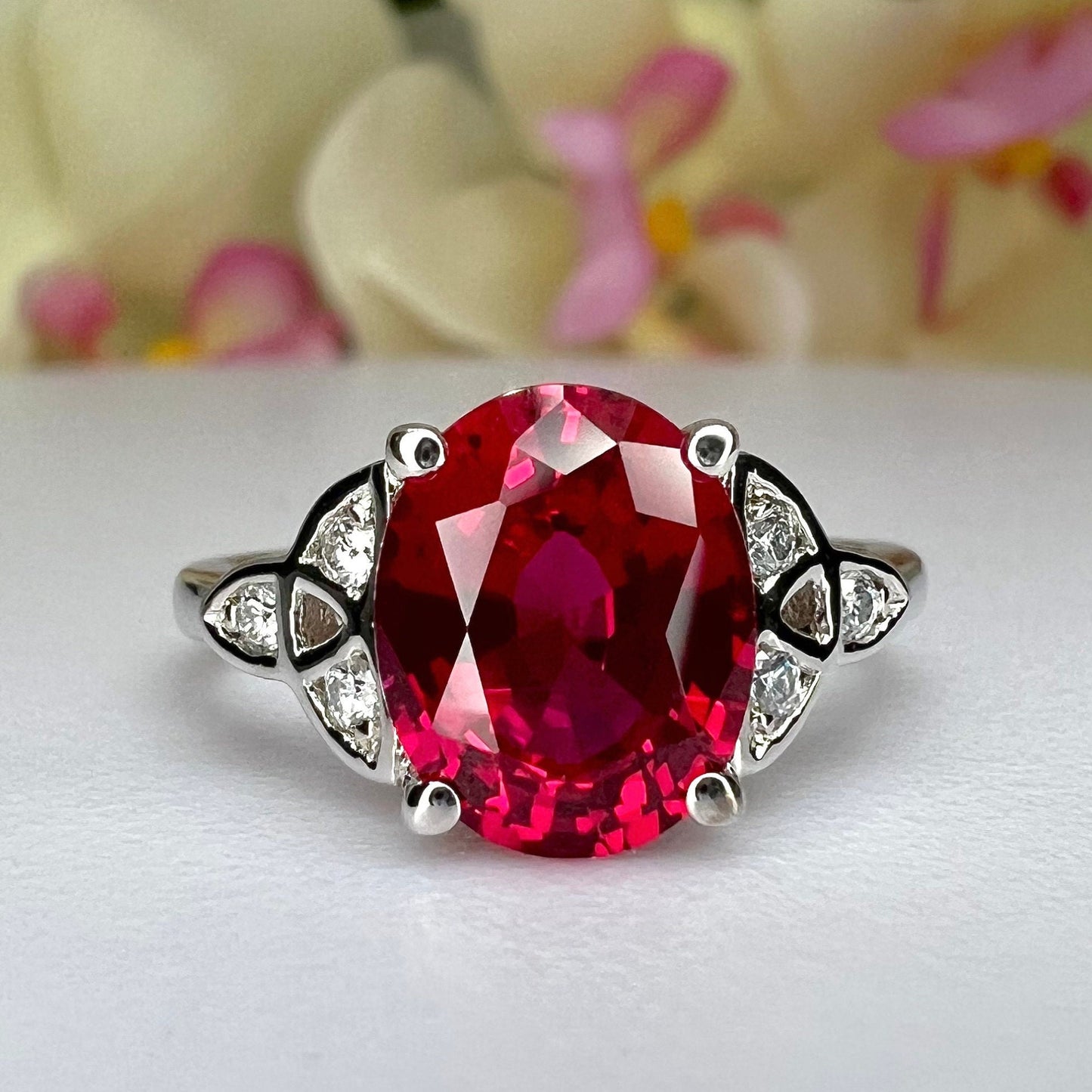 Oval Ruby Engagement Ring 14K White Gold Oval Cut Celtic Ruby Engagement Ring Triangle Ruby Moissanite Unique Promise Anniversary Ring #7308