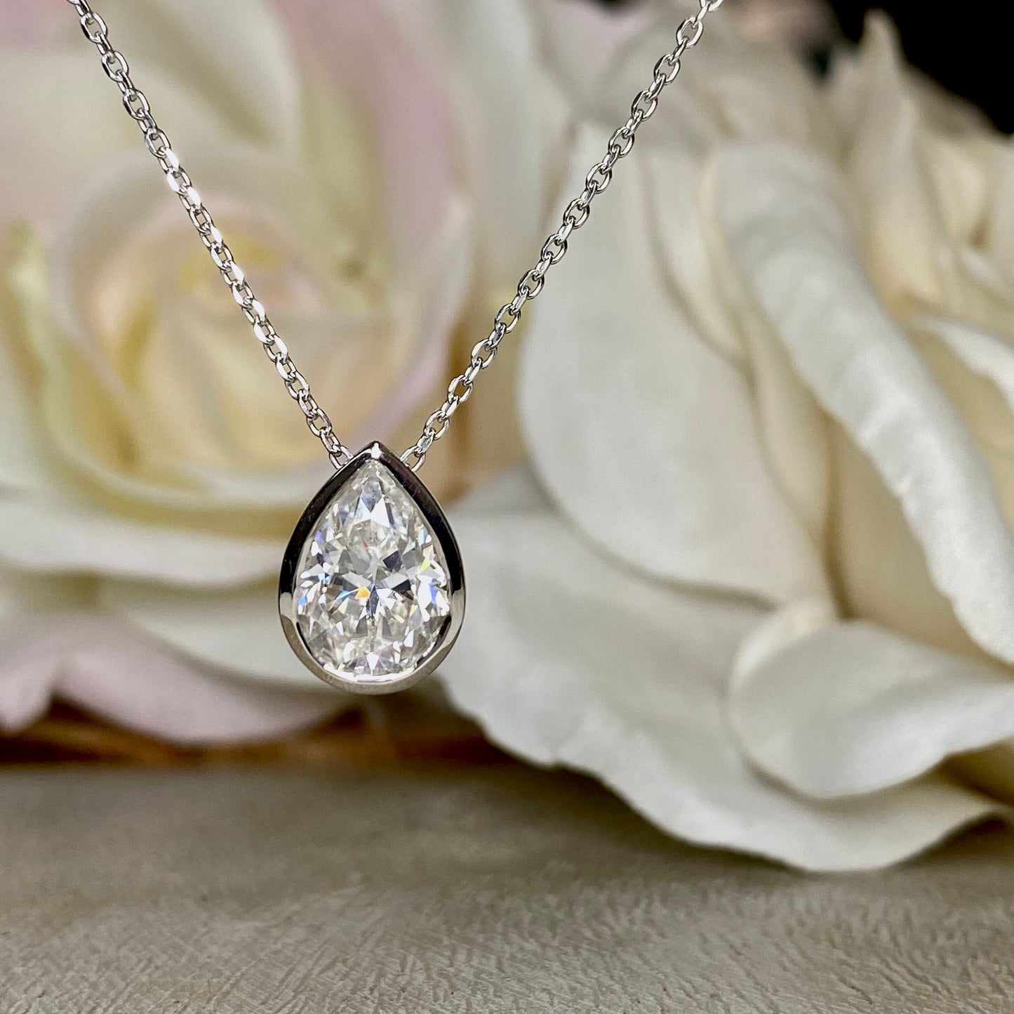 Moissanite Pear Shape Bezel Pendant Necklace 14k White Gold, Bridal Necklace for Her, Simple Pendant Chain, TearDrop Pendant Necklace, #7271