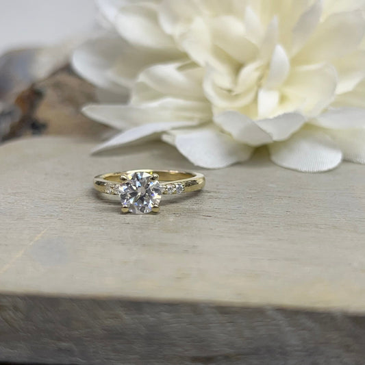 Round Moissanite Engagement Ring 14K Yellow Gold , Ladies Dainty Round Moissanite Engagement Rings , Thin Band Wedding Promise Ring  , #7293
