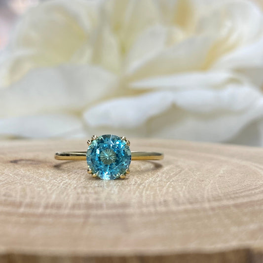 Paraiba Tourmaline Engagement Ring 14K Yellow Gold,  Round Solitaire Paraiba Tourmaline Engagement Rings, Neon Blue Paraiba Tourmaline #6163