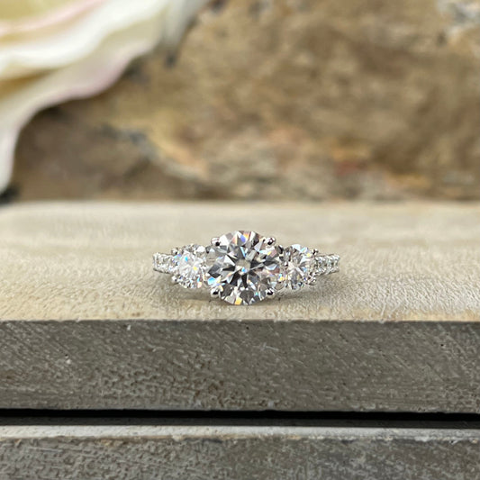 Moissanite Engagement Ring Three Stone Round 14K Solid White Gold For Women, Vintage Unique Engagement Ring, Simple Three Stone Ring,  #6659