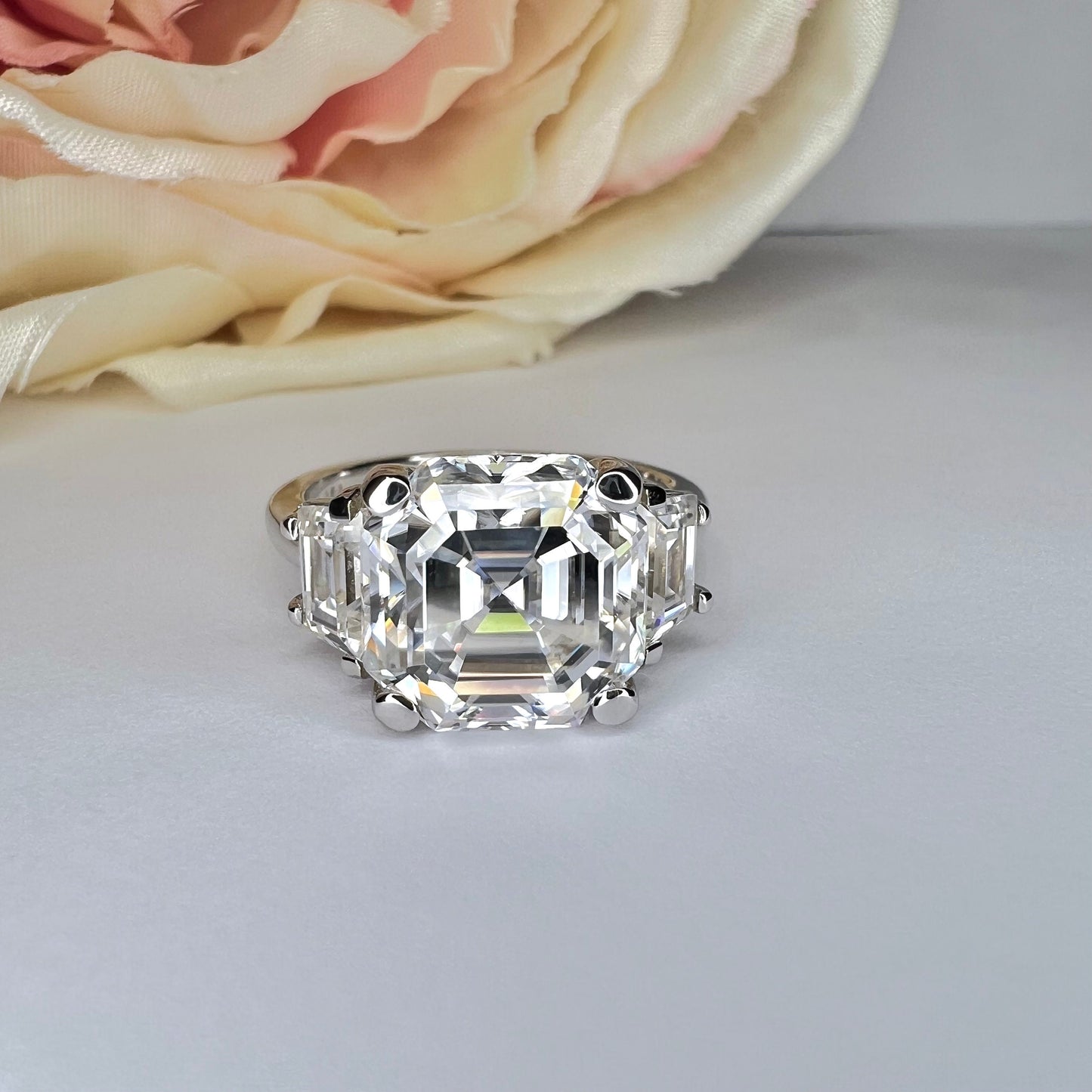 Moissanite Engagement Rings Asscher Cut Three Stone  14K Solid Gold Ring For Women, #7010 Vintage Unique Engagement Ring Bridal Promise Ring