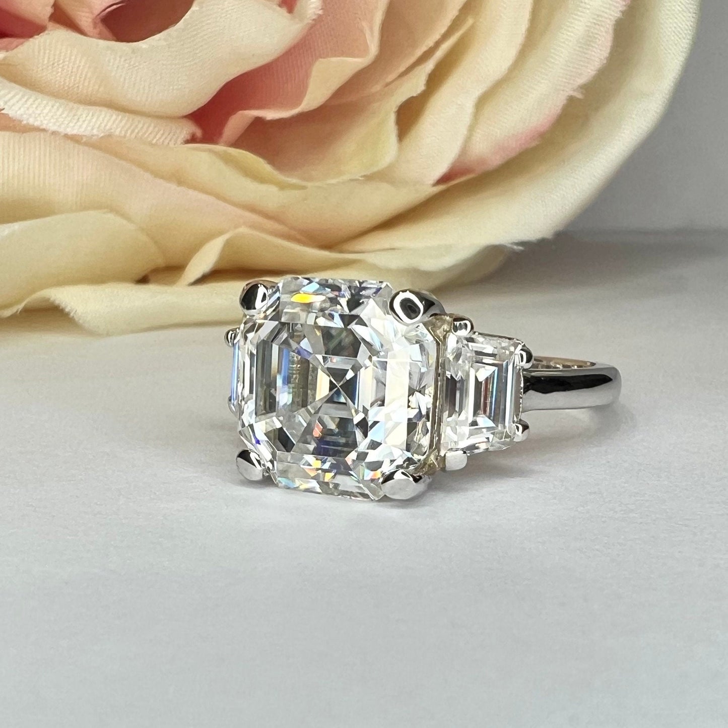 Moissanite Engagement Rings Asscher Cut Three Stone  14K Solid Gold Ring For Women, #7010 Vintage Unique Engagement Ring Bridal Promise Ring