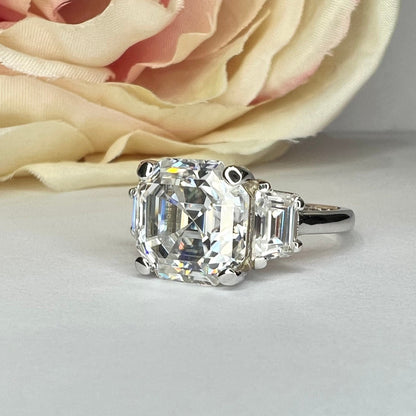 Moissanite Engagement Rings Asscher Cut Three Stone  14K Solid Gold Ring For Women, #7010 Vintage Unique Engagement Ring Bridal Promise Ring