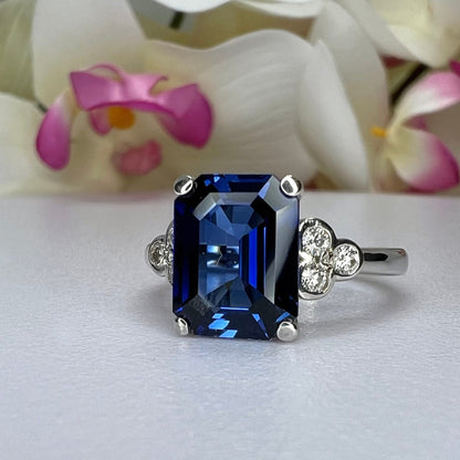 Blue Sapphire Engagement Ring 14K White Gold Emerald Cut Blue Sapphire Ring  Diamonds Unique Sapphire Wedding Promise Anniversary Ring
