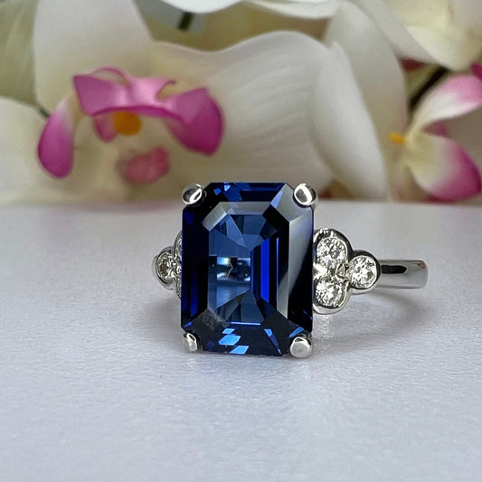 Blue Sapphire Engagement Ring 14K White Gold Emerald Cut Blue Sapphire Ring  Diamonds Unique Sapphire Wedding Promise Anniversary Ring