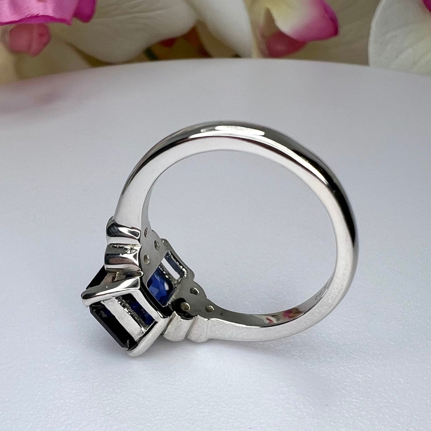Blue Sapphire Engagement Ring 14K White Gold Emerald Cut Blue Sapphire Ring  Diamonds Unique Sapphire Wedding Promise Anniversary Ring