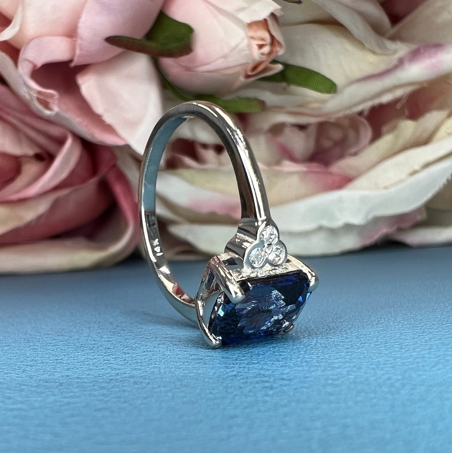 Emerald Cut Blue Sapphire and Diamond Engagement Ring, Sapphire And Diamond Ring For Ladies, 14k White Gold Blue Sapphire Ring For Her #4885