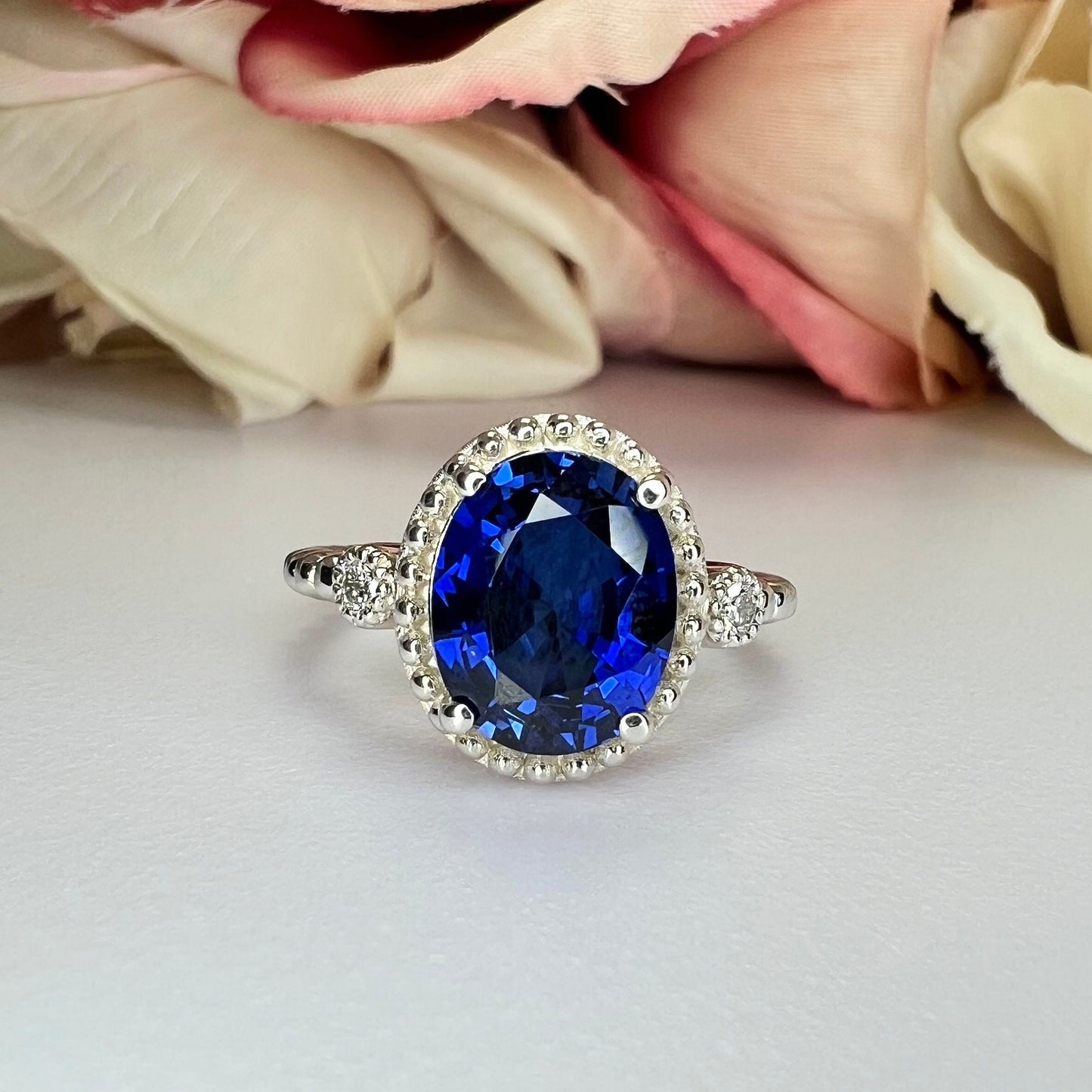 Sapphire Vintage Style Ring / Oval Blue Sapphire Ring / Unique Engagement Ring / Ladies Ring / 14k White Gold / #6167