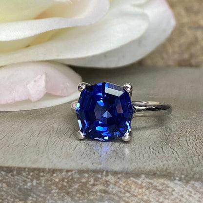 Octagon Blue Sapphire Engagement Ring 14K Whit Gold Ladies Blue Sapphire Engagement Ring Unique Blue Sapphire Wedding Anniversary Ring  7292