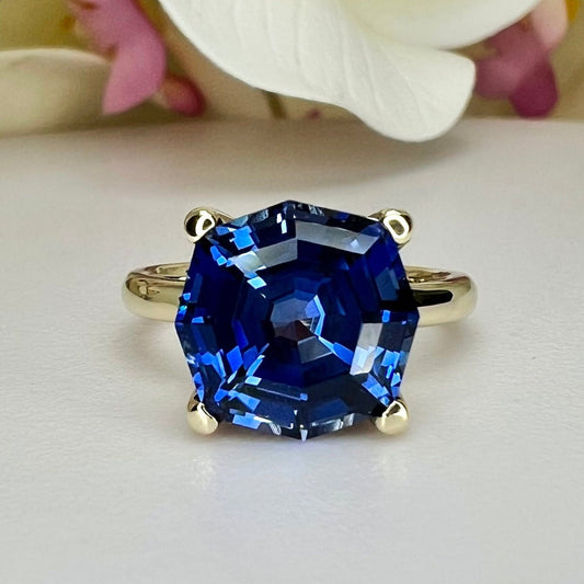 Octagon Blue Sapphire Engagement Ring 14K Whit Gold Ladies Blue Sapphire Engagement Ring Unique Blue Sapphire Wedding Anniversary Ring  7292
