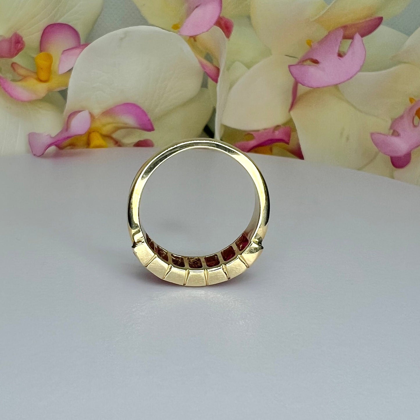 Ruby wedding band 14k white or yellow gold, seven stone wedding band, July birthstone ring, unique emerald cut red ruby stacking band  #6270