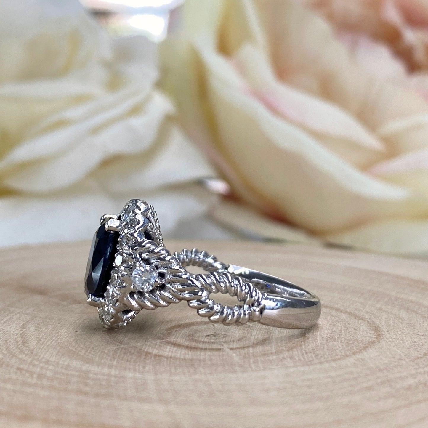 Oval Engagement Ring / Blue Sapphire Ring / Diamond Halo Ring / Sapphire and Moissanite Ring / 14k White Gold / #6334