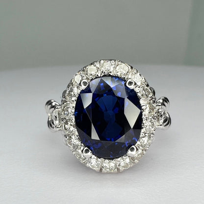 Oval Engagement Ring / Blue Sapphire Ring / Diamond Halo Ring / Sapphire and Moissanite Ring / 14k White Gold / #6334
