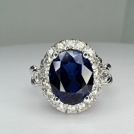Oval Engagement Ring / Blue Sapphire Ring / Diamond Halo Ring / Sapphire and Moissanite Ring / 14k White Gold / #6334