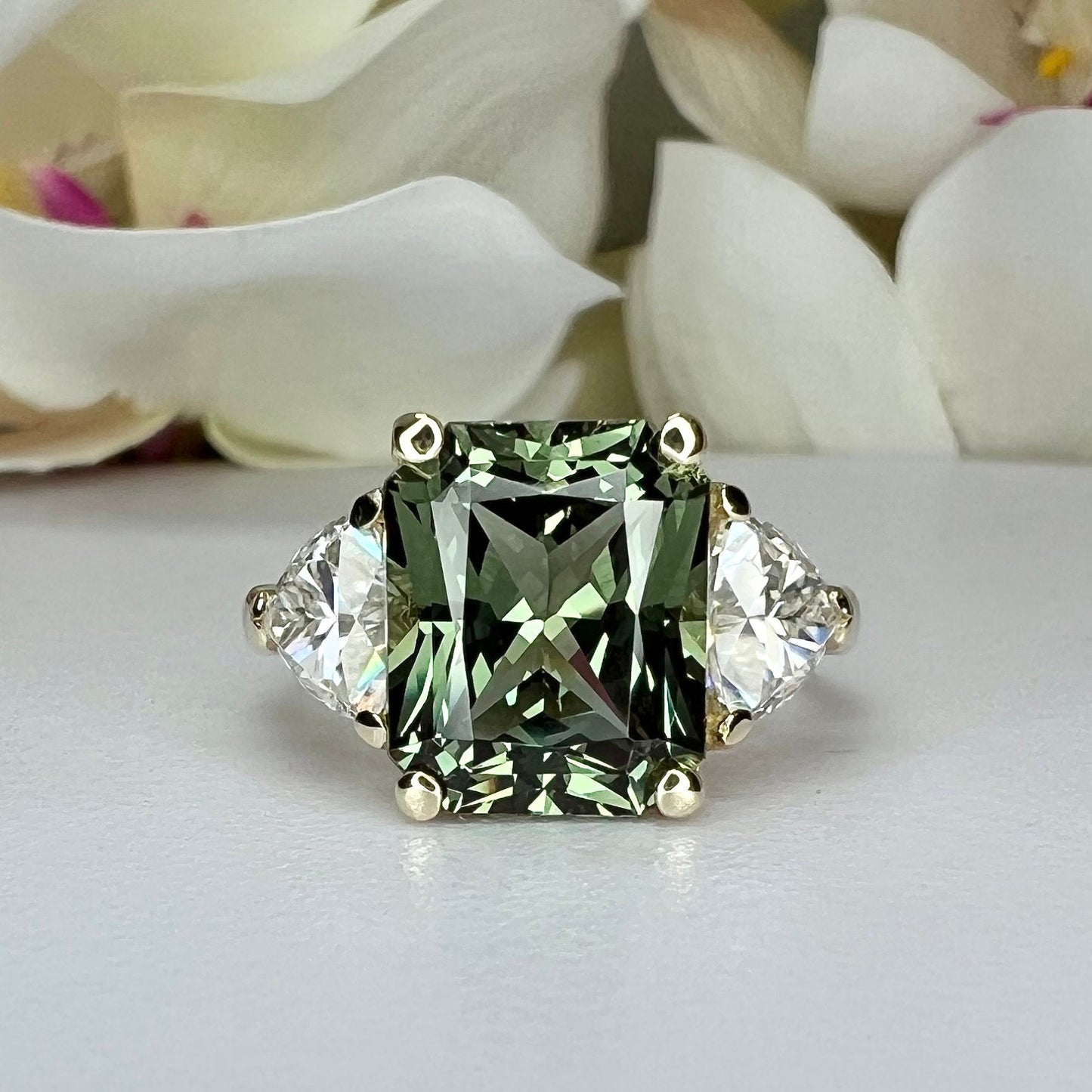 Radiant cut olive green sapphire engagement ring 14K solid gold, Three stone wedding ring, Art Deco sapphire ring, Unique Olive green, #7812