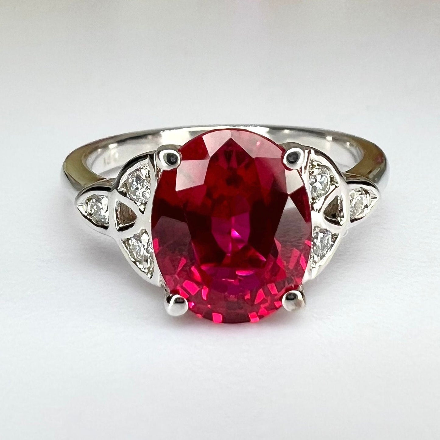 Oval Ruby Engagement Ring 14K White Gold Oval Cut Celtic Ruby Engagement Ring Triangle Ruby Moissanite Unique Promise Anniversary Ring #7308