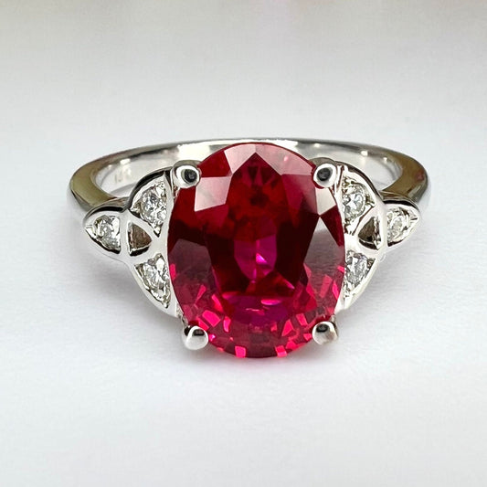 Oval Ruby Engagement Ring 14K White Gold Oval Cut Celtic Ruby Engagement Ring Triangle Ruby Moissanite Unique Promise Anniversary Ring #7308
