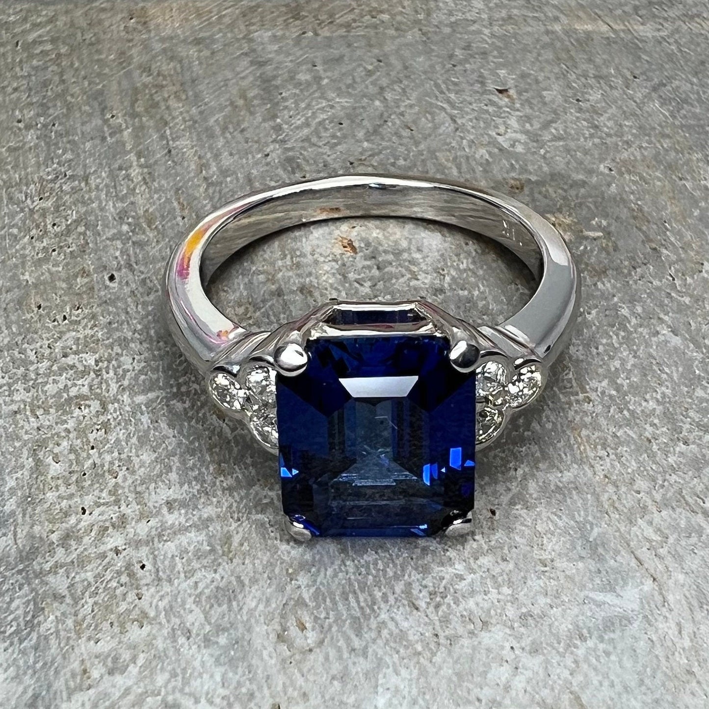 Blue Sapphire Engagement Ring 14K White Gold Emerald Cut Blue Sapphire Ring  Diamonds Unique Sapphire Wedding Promise Anniversary Ring