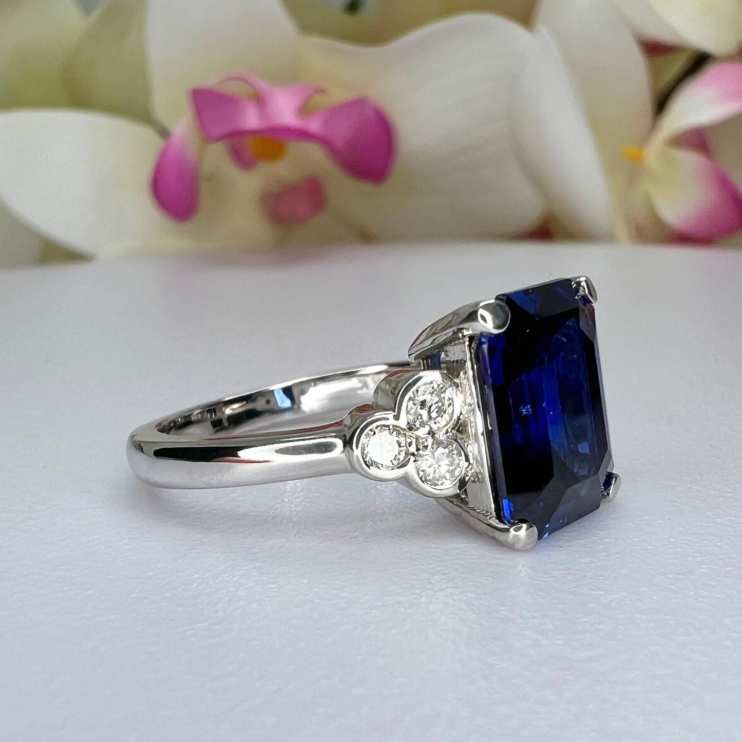 Blue Sapphire Engagement Ring 14K White Gold Emerald Cut Blue Sapphire Ring  Diamonds Unique Sapphire Wedding Promise Anniversary Ring