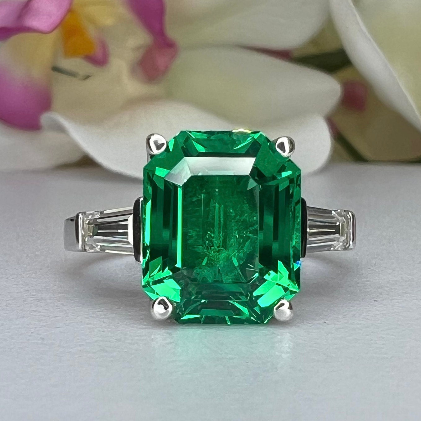 Emerald Cut Emerald Engagement Ring With Baguettes In 14K White Gold, Emerald and Moissanite Engagement Ring #6725