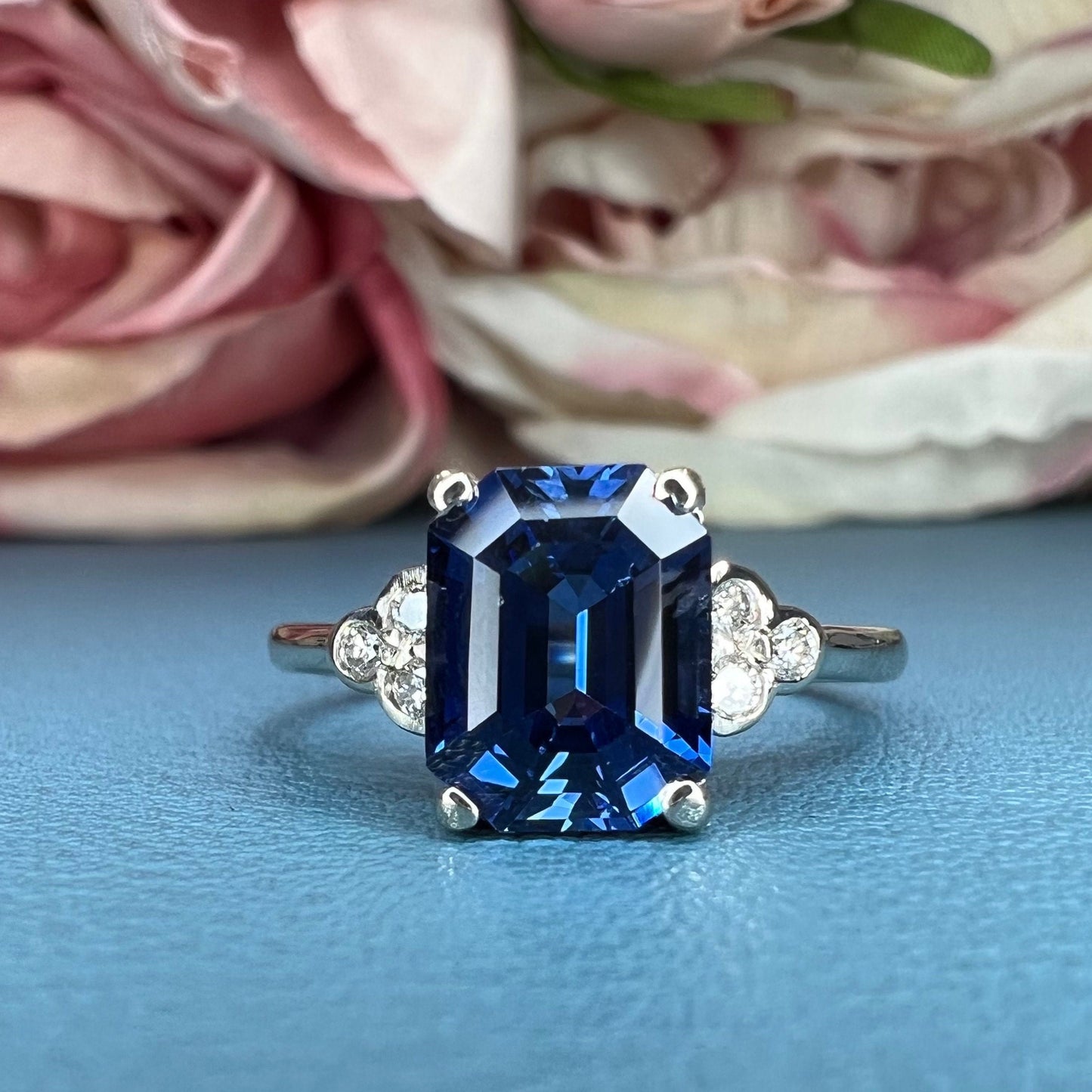 Emerald Cut Blue Sapphire and Diamond Engagement Ring, Sapphire And Diamond Ring For Ladies, 14k White Gold Blue Sapphire Ring For Her #4885