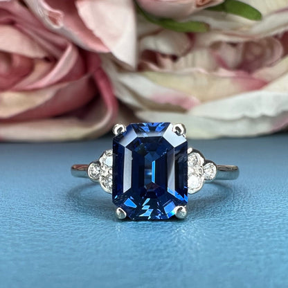 Emerald Cut Blue Sapphire and Diamond Engagement Ring, Sapphire And Diamond Ring For Ladies, 14k White Gold Blue Sapphire Ring For Her #4885