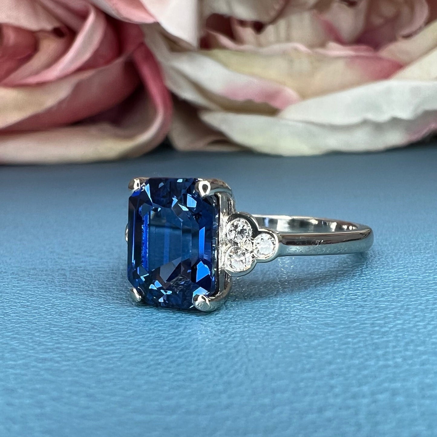 Emerald Cut Blue Sapphire and Diamond Engagement Ring, Sapphire And Diamond Ring For Ladies, 14k White Gold Blue Sapphire Ring For Her #4885
