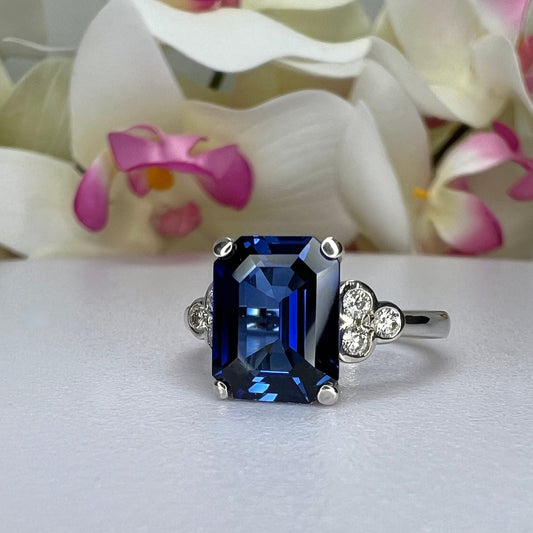 Emerald Cut Blue Sapphire and Diamond Engagement Ring, Sapphire And Diamond Ring For Ladies, 14k White Gold Blue Sapphire Ring For Her #4885