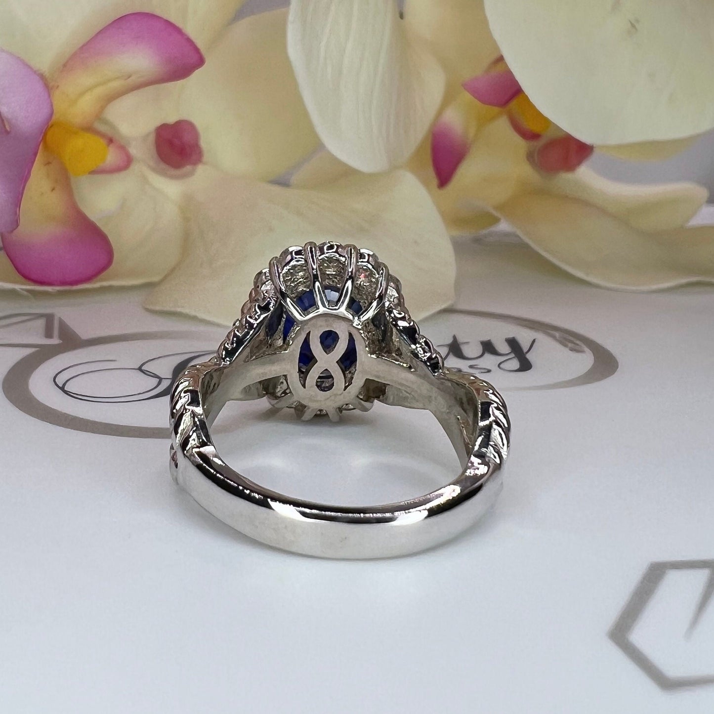 Oval blue sapphire engagement ring 14K gold, Infinity band white gold sapphire ring, September birthstone ring, Moissanite halo ring,  #7817