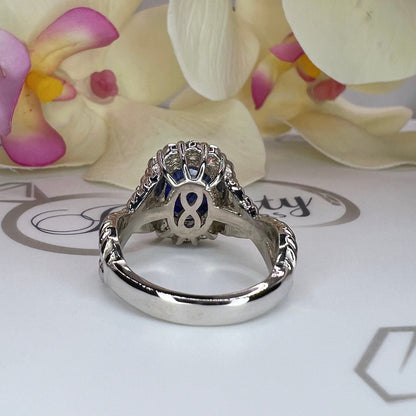 Oval blue sapphire engagement ring 14K gold, Infinity band white gold sapphire ring, September birthstone ring, Moissanite halo ring,  #7817