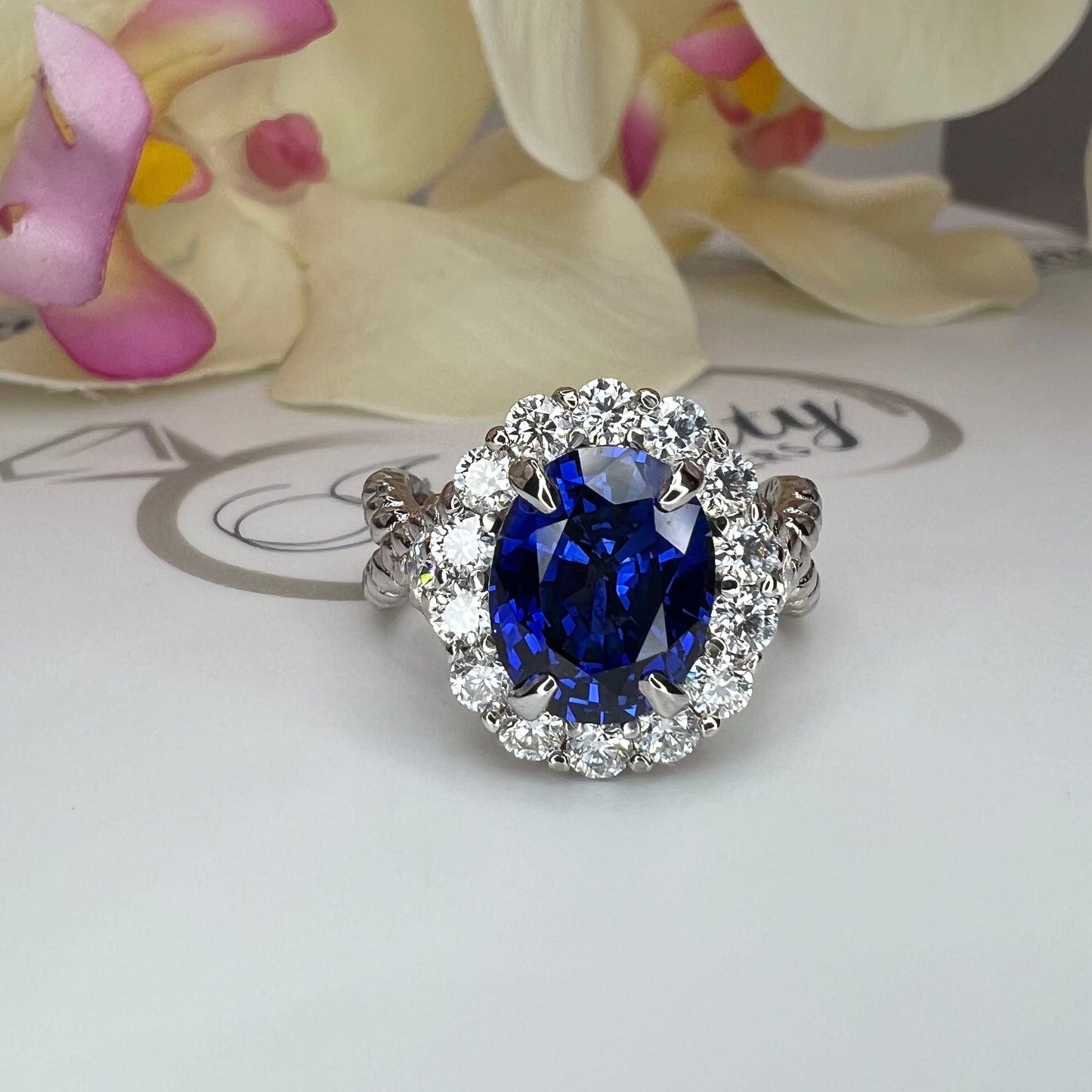 Oval blue sapphire engagement ring 14K gold, Infinity band white gold sapphire ring, September birthstone ring, Moissanite halo ring,  #7817