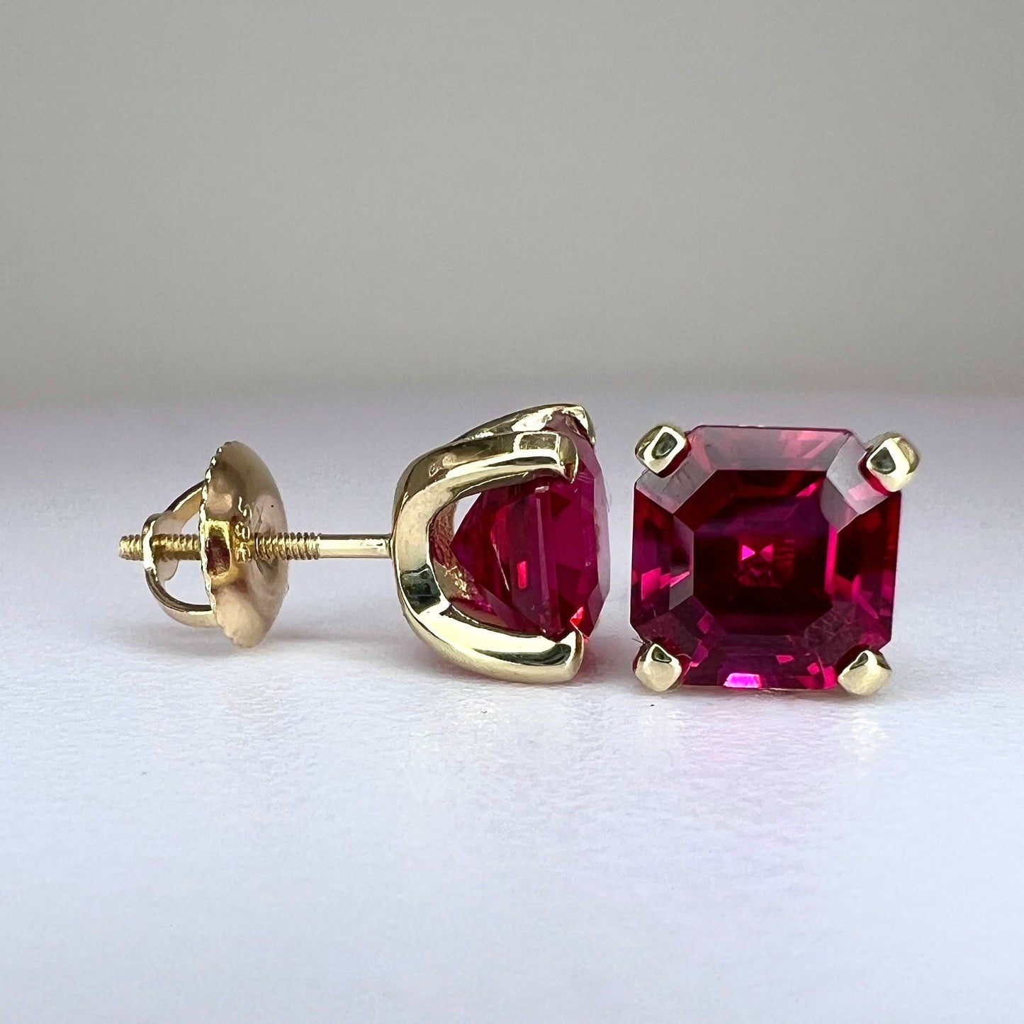Asscher Cut Ruby Stud Earrings 14K White Gold, Stud Earrings Unisex Gold, Ruby Earrings Gold, Small Ruby Stud Earrings, Holiday Gift