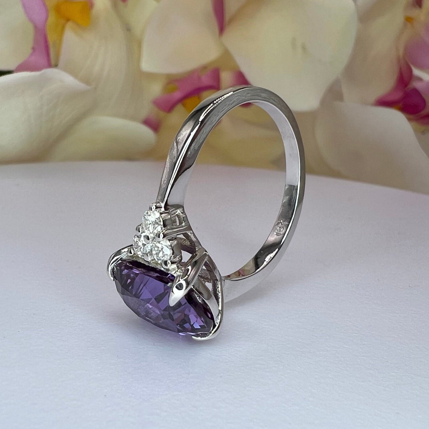 Alexandrite Engagement Ring, Moissanite Engagement Ring, Elongated Alexandrite And Moissanite Ring, June Birthstone, 14K White Gold