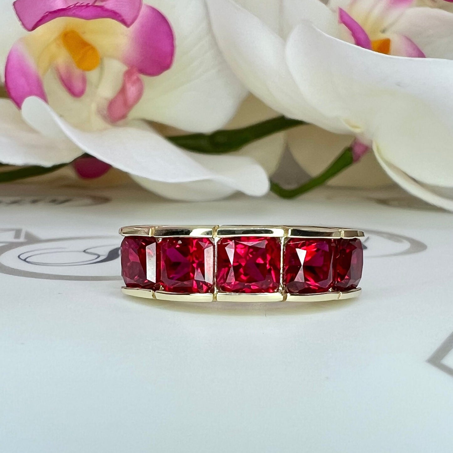 Ruby wedding band 14k solid gold radiant cut ruby stacking anniversary band July birthstone simple women's wedding, half eternity band #7859