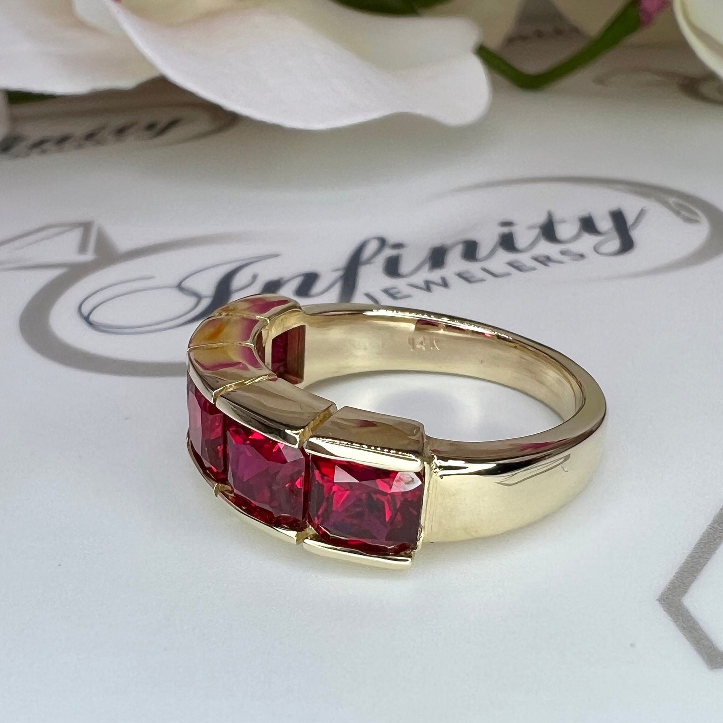 Ruby wedding band 14k solid gold radiant cut ruby stacking anniversary band July birthstone simple women's wedding, half eternity band #7859
